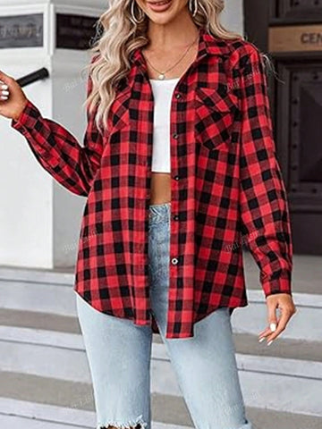 Women's Plaid Shirt Long Sleeved Rolled Button Up Shirt Collar Casual Commuting Boyfriend Style Top