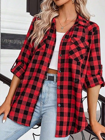 Women's Plaid Shirt Long Sleeved Rolled Button Up Shirt Collar Casual Commuting Boyfriend Style Top