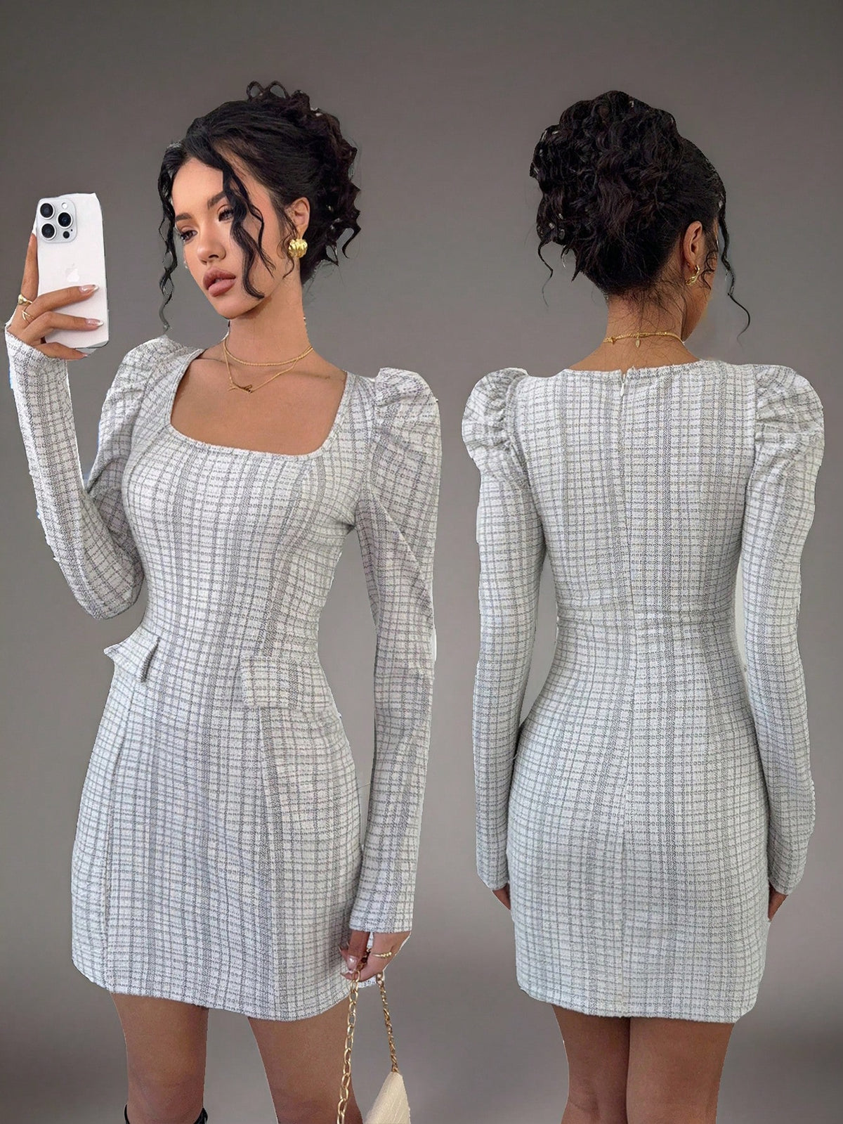 Women's Plaid Square Collar Gigot Sleeve Short Casual Dress For Autumn