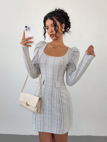 Women's Plaid Square Collar Gigot Sleeve Short Casual Dress For Autumn