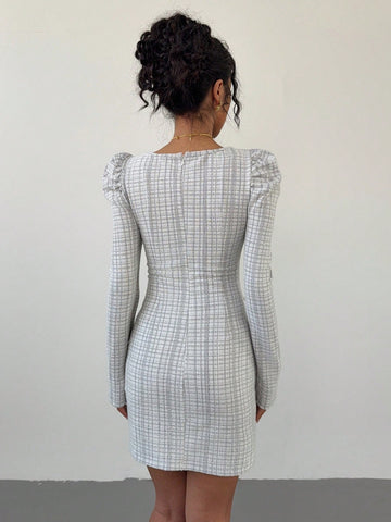 Women's Plaid Square Collar Gigot Sleeve Short Casual Dress For Autumn