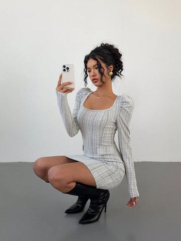 Women's Plaid Square Collar Gigot Sleeve Short Casual Dress For Autumn