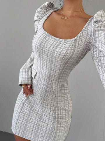 Women's Plaid Square Collar Gigot Sleeve Short Casual Dress For Autumn