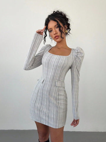 Women's Plaid Square Collar Gigot Sleeve Short Casual Dress For Autumn