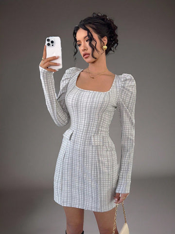 Women's Plaid Square Collar Gigot Sleeve Short Casual Dress For Autumn