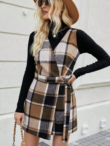 Women's Plaid Surplice Wrap Belted Romper