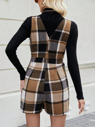 Women's Plaid Surplice Wrap Belted Romper
