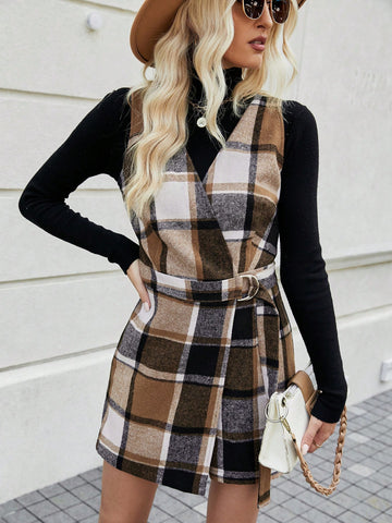 Women's Plaid Surplice Wrap Belted Romper