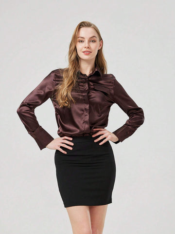 Women's Plain Front Button Long Sleeve Pocket Casual Top, Minimalist Daily Wear