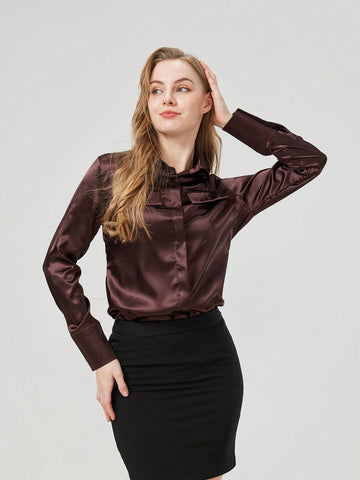 Women's Plain Front Button Long Sleeve Pocket Casual Top, Minimalist Daily Wear