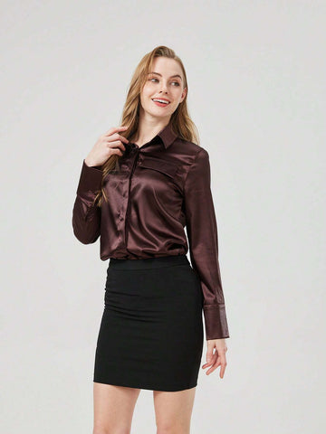 Women's Plain Front Button Long Sleeve Pocket Casual Top, Minimalist Daily Wear