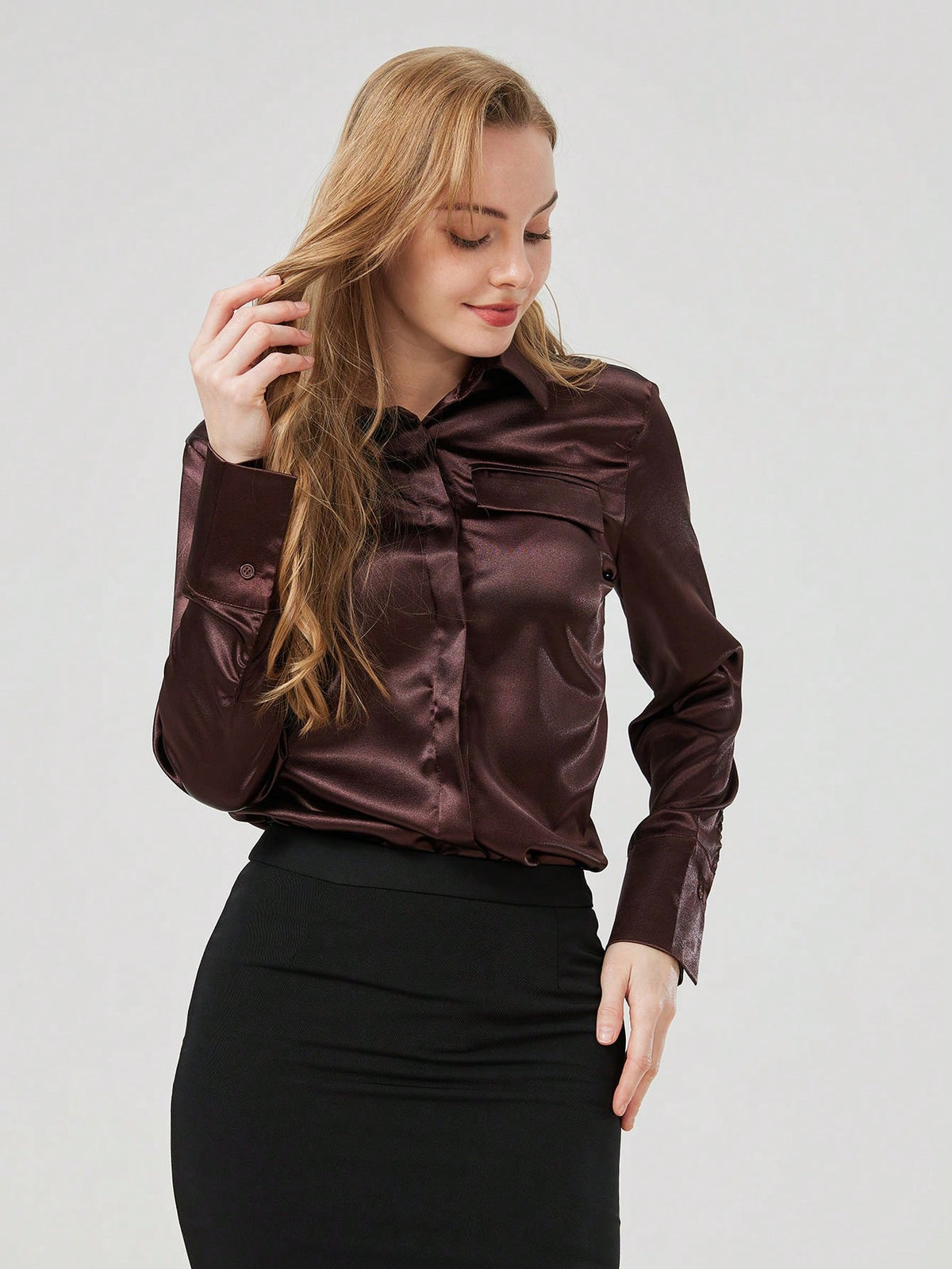 Women's Plain Front Button Long Sleeve Pocket Casual Top, Minimalist Daily Wear