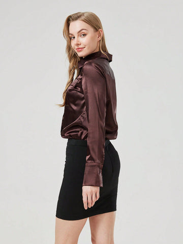 Women's Plain Front Button Long Sleeve Pocket Casual Top, Minimalist Daily Wear