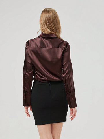 Women's Plain Front Button Long Sleeve Pocket Casual Top, Minimalist Daily Wear