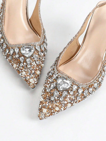 Women's Plus Size Pointed Toe Metallic Pineapple Shape Plated Heels, Fashion Elegant Comfortable Rhinestone Decor