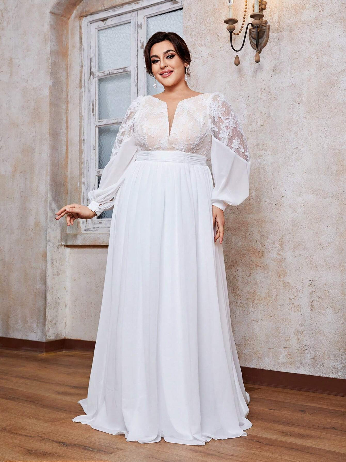 Women's Plus Size Round Neck 3d Flowers Lace Perspective Splicing Chiffon Long Sleeve Maxi Dress With Big Swing