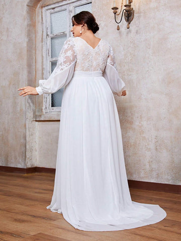 Women's Plus Size Round Neck 3d Flowers Lace Perspective Splicing Chiffon Long Sleeve Maxi Dress With Big Swing