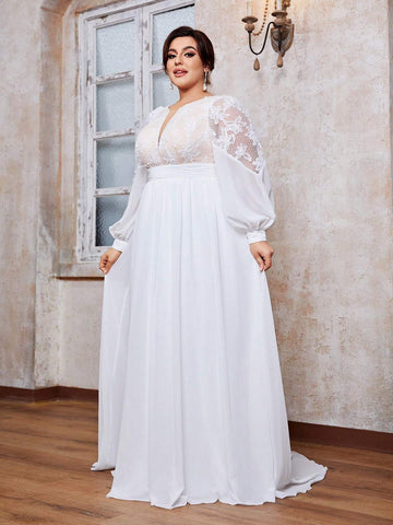 Women's Plus Size Round Neck 3d Flowers Lace Perspective Splicing Chiffon Long Sleeve Maxi Dress With Big Swing