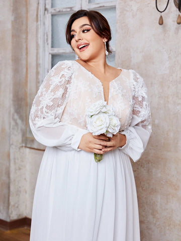 Women's Plus Size Round Neck 3d Flowers Lace Perspective Splicing Chiffon Long Sleeve Maxi Dress With Big Swing