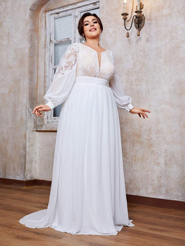 Women's Plus Size Round Neck 3d Flowers Lace Perspective Splicing Chiffon Long Sleeve Maxi Dress With Big Swing