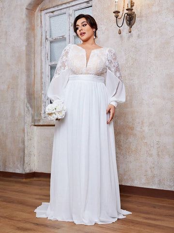 Women's Plus Size Round Neck 3d Flowers Lace Perspective Splicing Chiffon Long Sleeve Maxi Dress With Big Swing