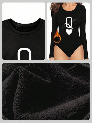 Women's Plush Crew Neck Playing Card Print One-Piece Bodysuit, Suitable For Winter