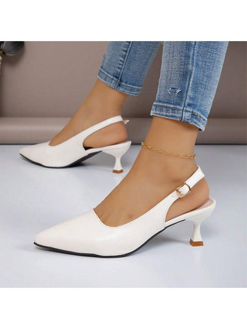 Women's Pointed Shallow Mouth Work Shoes With Thin Heels And Hollow Design, One Belt Buckle, Beige For Spring And Summer