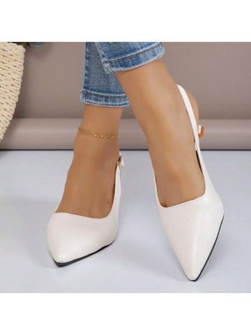Women's Pointed Shallow Mouth Work Shoes With Thin Heels And Hollow Design, One Belt Buckle, Beige For Spring And Summer