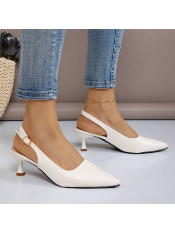 Women's Pointed Shallow Mouth Work Shoes With Thin Heels And Hollow Design, One Belt Buckle, Beige For Spring And Summer
