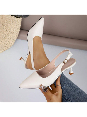 Women's Pointed Shallow Mouth Work Shoes With Thin Heels And Hollow Design, One Belt Buckle, Beige For Spring And Summer