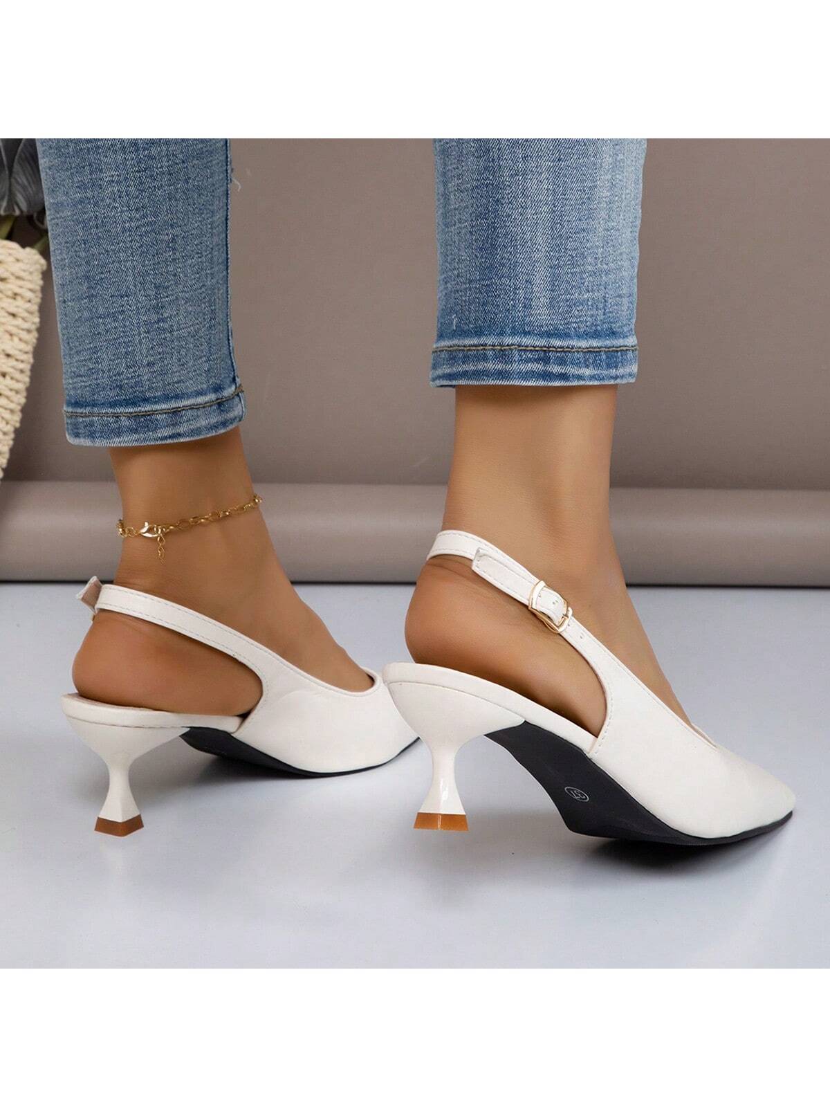 Women's Pointed Shallow Mouth Work Shoes With Thin Heels And Hollow Design, One Belt Buckle, Beige For Spring And Summer