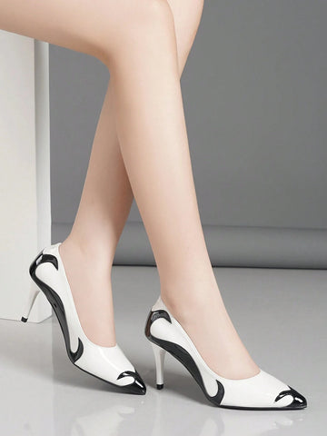 Women's Pointed Toe Black And White Contrast Color High Heels, Stylish And Comfortable