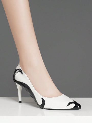 Women's Pointed Toe Black And White Contrast Color High Heels, Stylish And Comfortable