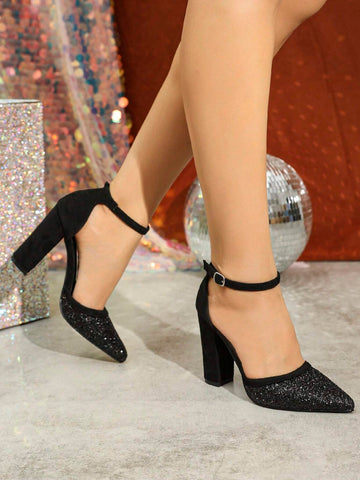 Women's Pointed Toe Chunky Heel Slip-On Pumps, Simple & Elegant Hollow-Out Design,