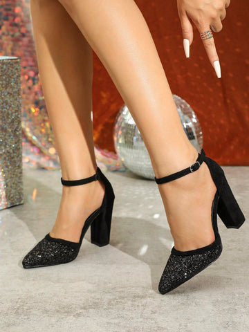 Women's Pointed Toe Chunky Heel Slip-On Pumps, Simple & Elegant Hollow-Out Design,