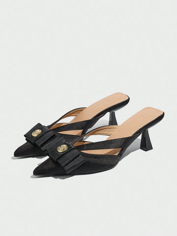 Women's Pointed Toe Closed-Toe Kitten Heel Pumps With Bow Decoration,