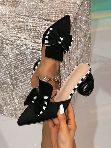 Women's Pointed Toe Color Block Stripe Asymmetric Heel Black Sandals, Fashion Butterfly Decor Party/Date
