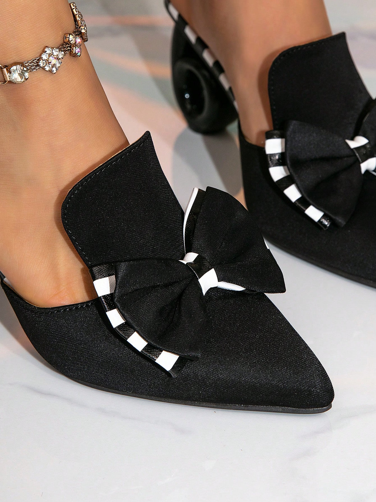Women's Pointed Toe Color Block Stripe Asymmetric Heel Black Sandals, Fashion Butterfly Decor Party/Date