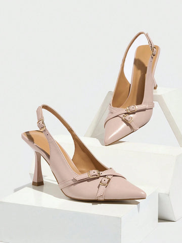 Women's Pointed Toe Cross Metal Buckle Decor Ankle Strap Stiletto Heel Pumps, New Versatile Solid Color