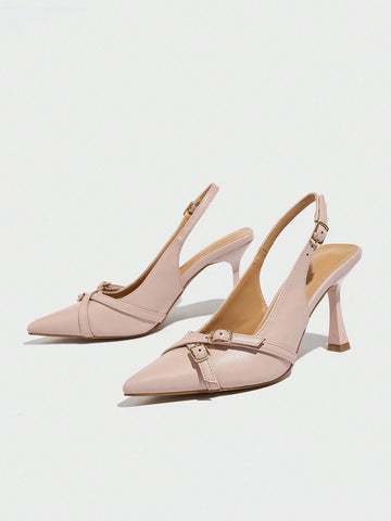 Women's Pointed Toe Cross Metal Buckle Decor Ankle Strap Stiletto Heel Pumps, New Versatile Solid Color