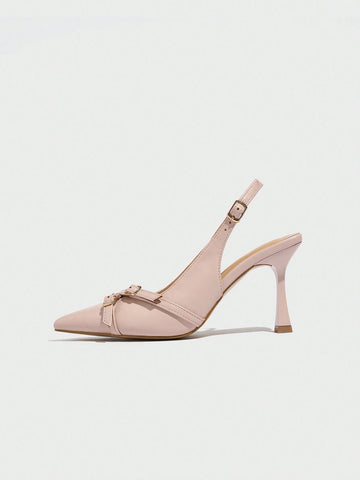 Women's Pointed Toe Cross Metal Buckle Decor Ankle Strap Stiletto Heel Pumps, New Versatile Solid Color
