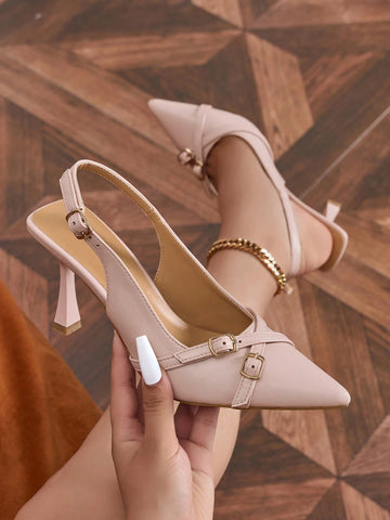Women's Pointed Toe Cross Metal Buckle Decor Ankle Strap Stiletto Heel Pumps, New Versatile Solid Color