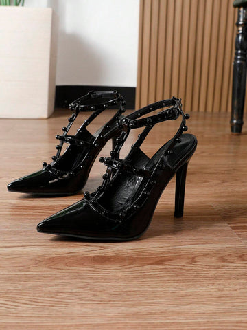 Women's Pointed Toe Cut-Out Strap Chunky Heel Pumps, Sexy Rivet Decor Black High Heels
