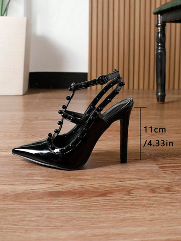 Women's Pointed Toe Cut-Out Strap Chunky Heel Pumps, Sexy Rivet Decor Black High Heels