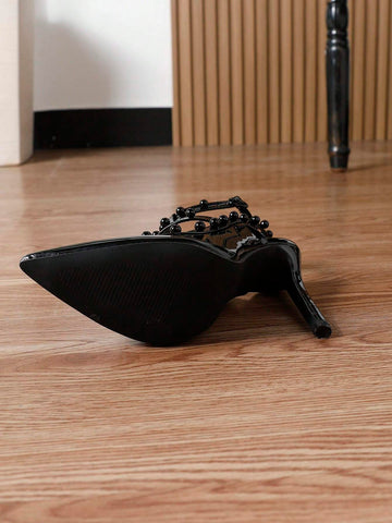 Women's Pointed Toe Cut-Out Strap Chunky Heel Pumps, Sexy Rivet Decor Black High Heels