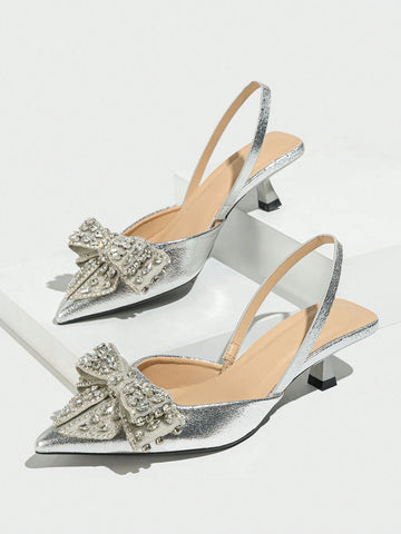Women's Pointed Toe High-Heeled Shoes With Bowknot Rhinestone Decorations, Closed Toe And Ankle Strap