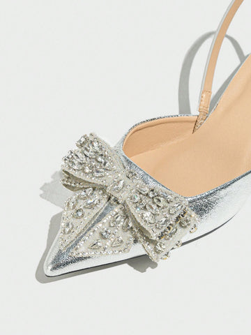 Women's Pointed Toe High-Heeled Shoes With Bowknot Rhinestone Decorations, Closed Toe And Ankle Strap