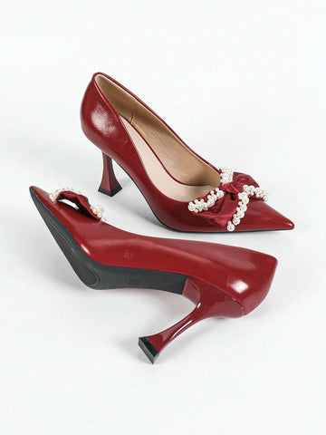 Women's Pointed Toe High Heel Pearl Butterfly Wine Red High Heels, Sexy Fashion