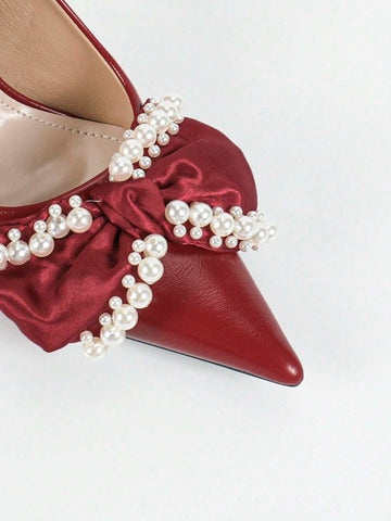 Women's Pointed Toe High Heel Pearl Butterfly Wine Red High Heels, Sexy Fashion