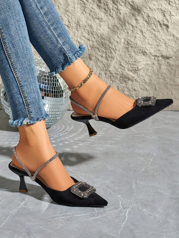 Women's Pointed Toe High Heel Pumps, Rhinestone Buckle Decor Dress Shoes, Sexy For Commute